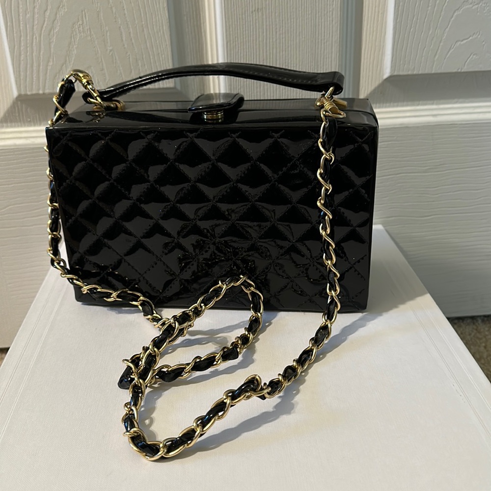 Lyrella black quilted patent box handbag two ways